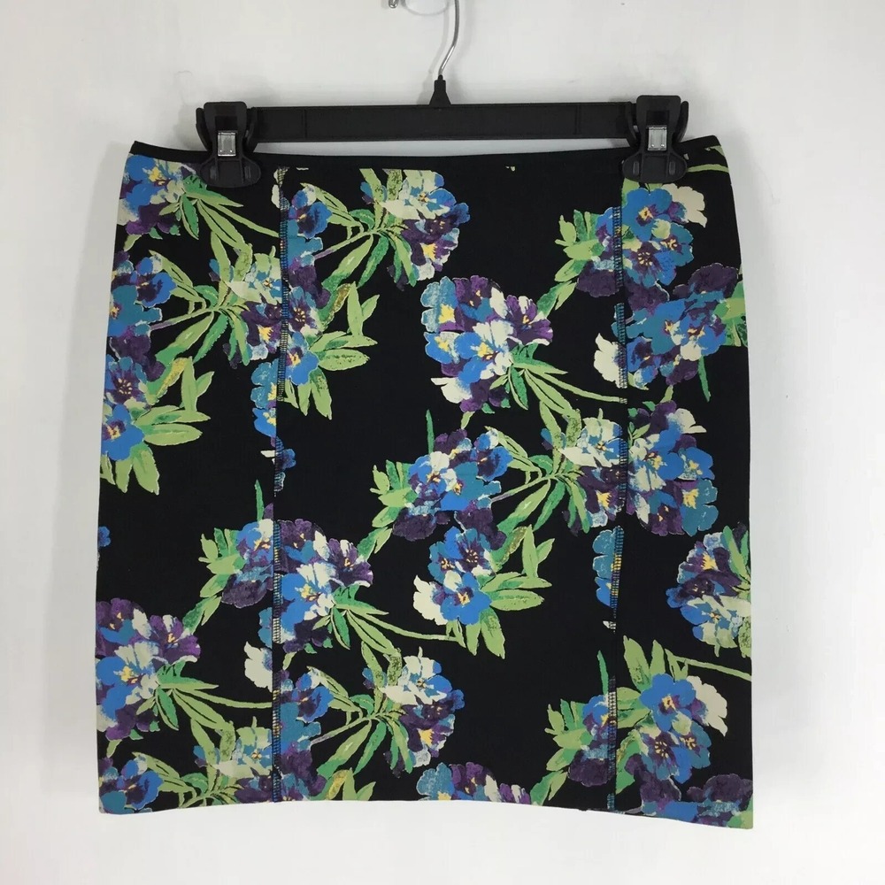 Blue‎ Purple Pansy Floral Print Neoprene Mini Skirt L Painterly Botanical Art
